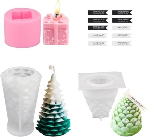 CLIUNT 3 Stück Weihnachten Kerzenform Silikon, Kerzenformen Zum Gießen Set, 3D Weihnachtsbaum Kerzengießform, Tannenzapfen Kerzenform, für Kerzenherstellung, Handgefertigte Seife, DIY Handwerk von CLIUNT