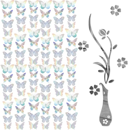 48 Stück Bunter Laser Schmetterling Deko, 3D Butterfly Wandsticker, Schmetterlinge Deko mit 3D-Blumen-Wandaufkleber, DIY-Wanddekoration für TV-Hintergrund und Sofa-Hintergrund von CLKE