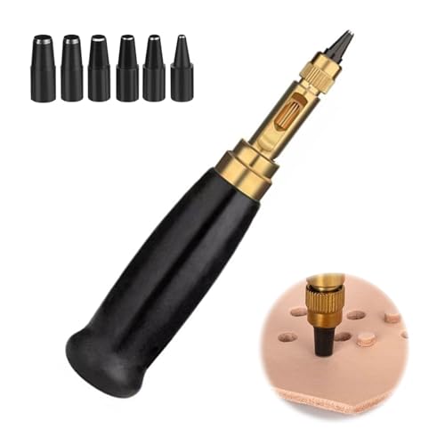 CLKE Ledergürtel-Lochstanzer, Schraubenlochstanzer mit Holzgriff, mit 6 Spitzen (1,5 mm, 2 mm, 2,5 mm, 3 mm, 3,5 mm, 4 mm), zum Nähen von Autos, Lederpapier, Buchbinder-Werkzeug, Schwarz von CLKE