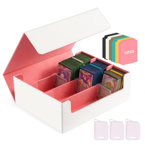 CLOKORIA Karten-Aufbewahrungsbox für Sammelkarten, 1800+ weißes PU-Leder, Commander Kartendeck-Hülle mit 12 Trennwänden und 3 Unterstützern, Magnetverschluss, Kartenhalter passend für YuGiOh, MTG und von CLOKORIA
