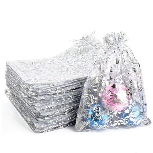 CLTPY 100 PCS Organzasäckchen Silber Rose Muster Organzabeutel Schmuckbeutel Geschenksäckchen Kordelzug Duftsäckchen Organza Säckchen für Hochzeit Weihnachten Gastgeschenke Süßigkeiten (17x23cm) von CLTPY