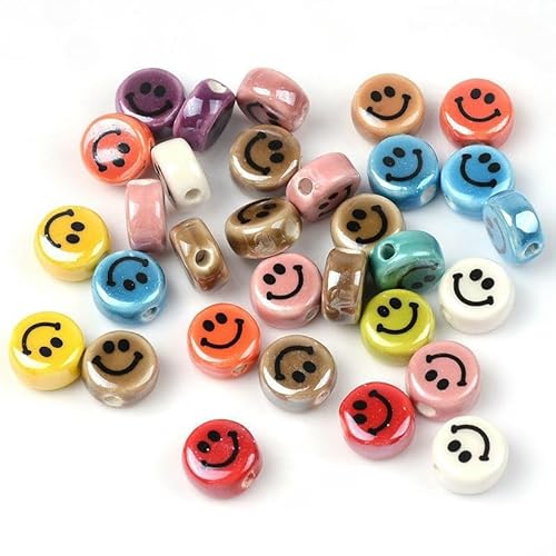 CLYDSA 30/50/100 Stück 10 mm Smiley-Porzellanperlen, Bunte Smiley-Perlen aus Keramik, für DIY-Armband, Halskette, Anhänger, Schmuckzubehör von CLYDSA