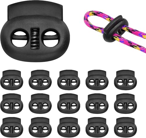 Kordelstopper für Kordelzüge, 15 Stück, Doppellöcher, Feder-Set, Doppellöcher, Knebelverschluss, Kunststoff, runde Enden, Stopperverschluss, ovale Schlösser, Schwarz von CMBXAQ