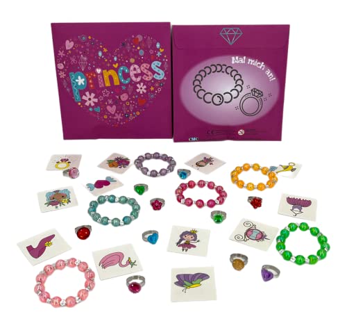 CMC imports Gastgeschenk Princess Geschenktüten gefüllt mit 3 Spielzeugen Armband Ring Tattoo Mitgebsel give aways für Kindergeburtstag für Mädchen von CMC imports