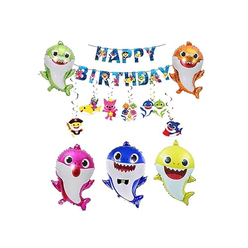 SMLH smileh Baby Hai Geburtstagsdeko Baby Shark Luftballons Alles Gute zum Geburtstag Girlande Kindergeburtstag Folienballons Wirbel Dekoration für Kinder Hai Thema Geburtstagsfeier Dekoration von CMDXBD