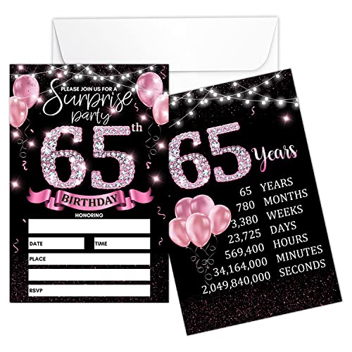 Einladungskarte zum 65. Geburtstag – Roségoldene Einladungen mit Geburtstagsschild-Druck auf der Rückseite, doppelseitige Einladungen zum Ausfüllen – 20 Karten mit Umschlägen für Gastgeschenke – von CMHIE