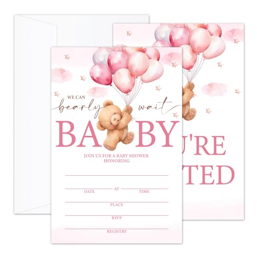 We Can Bearly Wait Einladungskarten für Babypartys mit Umschlägen, Babyparty-Einladungen, geschlechtsneutral, für Jungen und Mädchen, Braunbär-Ballon, doppelseitig zum Ausfüllen der leeren Einladungen We Can Bearly Wait Einladungskarten für Babypartys mit Umschlägen, Babyparty-Einladungen, geschlechtsneutral, für Jungen und Mädchen, Braunbär-Ballon, doppelseitig zum Ausfüllen der leeren Einladungen von CMHIE