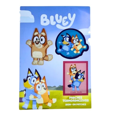 COMERCIAL MERCERA Bluey, Peppa Wutz, Skye Aufnäher für Kinder, (zur Auswahl), 3er Set Bügelflicken zum Aufbügeln, für Kleidung und Taschen, süße Motive von Lizenz (Bluey und Bingo 2) von CMM COMERCIAL MERCERA