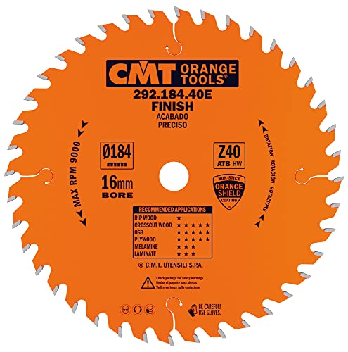 CMT Orange Tools Kreissägeblatt Feinschnitt HW 184 x 2,6 / 1,6 x 16 Z=40 15° ATB - 292.184.40E - für Querschnitte von CMT ORANGE TOOLS