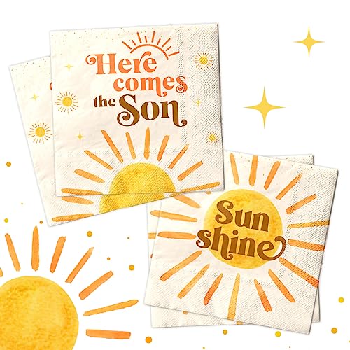 40 Stück Boho Sun Servietten - Here Comes the Son Babyparty Dekorationen Retro Sunshine First Trip Around The Sun Einweg-Papierservietten für Jungen 1. Geburtstag Party Supplies von CMUSKO