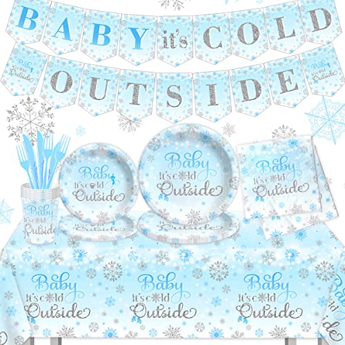 Baby It's Cold Outside Babyparty-Dekorationen, 142-teiliges Winterwunderland-Teller und Servietten-Set, Schneeflocke, gefroren, blau, Babyparty-Zubehör für Jungen (blau) von CMUSKO