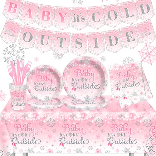 Baby It's Cold Outside Babyparty-Dekorationen, 142-teiliges Winterwunderland-Teller und Servietten-Set, Schneeflocke, gefroren, rosa, Babyparty-Zubehör für Mädchen (rosa) von CMUSKO