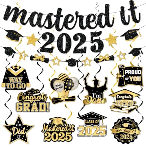 Black and Gold Masters Graduation Decorations 2025, Mastered It 2025 Banner and Congrats Grade Hanging Swirls Decorations, Class of 2025 Hanging Swirls for High School Graduation Party Supplies von CMUSKO