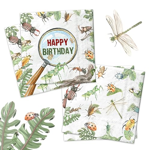 Bugs Geburtstagsparty-Dekorationen, 40 Stück, Servietten mit Käfer-Motiv, für Kinder, Happy Birthday, Einweg-Papierservietten, Insekten-Partyzubehör von CMUSKO