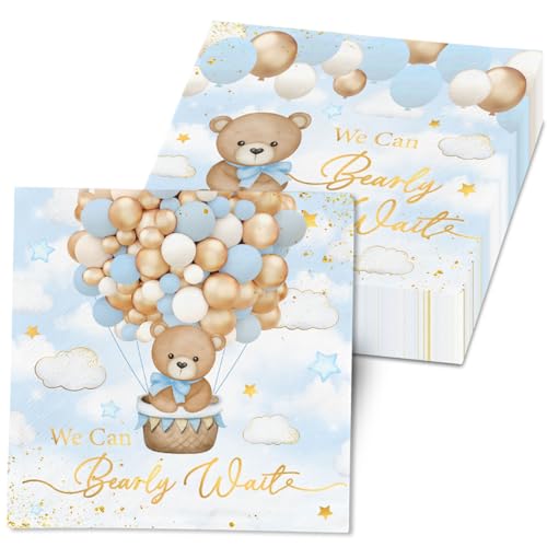 Servietten mit Aufschrift "We Can Bearly Wait", 40 Stück, Blaubär, Babyparty-Dekorationen, Servietten, Teddybär, Cocktail, Dessert, Papierservietten für Kinder, Geschlechtsoffenbarung, Partyzubehör von CMUSKO