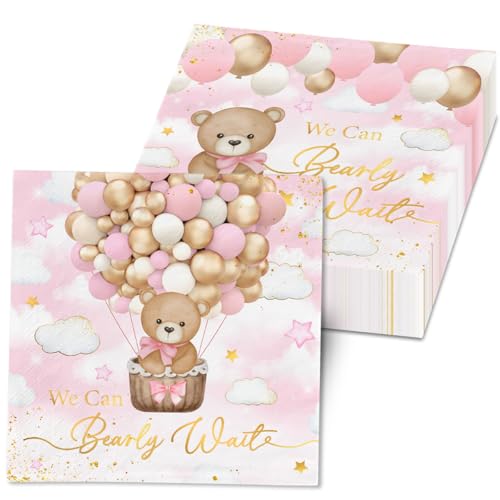 Servietten mit Aufschrift "We Can Bearly Wait", 40 Stück, rosa Bär, Babyparty-Dekorationen, Servietten, Teddybär, Cocktail, Dessert, Papierservietten für Kinder, Geschlechtsoffenbarung, Partyzubehör von CMUSKO