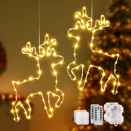 120 LED Weihnachtsdeko Fenster, 8 Modi Warmweiß Weihnachtsbeleuchtung mit Fernbedienung und Timer, Batteriebetriebene Rentier Fenster Lichterkette für Fenster Beleuchtung Deko Hängen (2 Stück) von CMYK