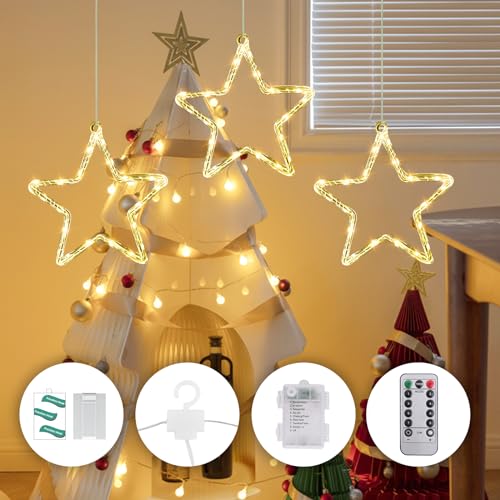 CMYK LED Weihnachtsstern Fensterlichter mit 60 warmweiße LED Stern Lichter Fenster Stern Hängeleuchten Vorhang Lichter Batteriebetrieben von CMYK