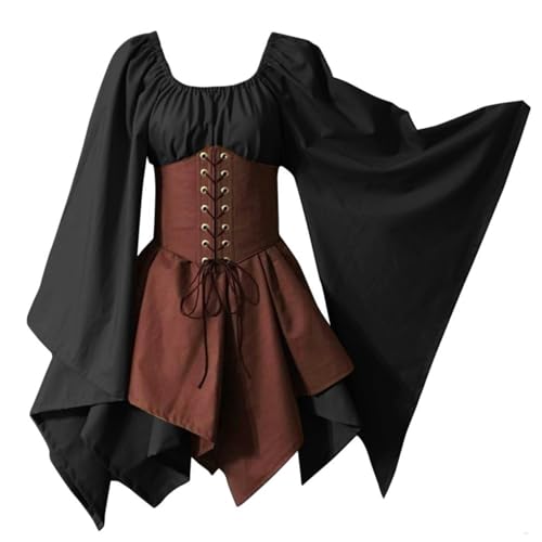 CNAFGBGG Renaissance -Kleid, unregelmäßige Renaissance -Korsettkleid, Retro Gothic Elf mit Flare -Ärmel und quadratischem Hals, mittelalterlich für Frauen Halloween Cosplay, m. von CNAFGBGG