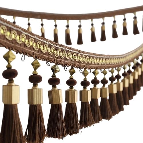 Quasten, Quasten für Basteln, Gold/Dunkelviolett/Saphir Perlenquaste, glatte Spitzenfransen, 1 Meter, Polyesterquaste for Vorhangdekoration(Dark Coffee) von CNDBAHHE