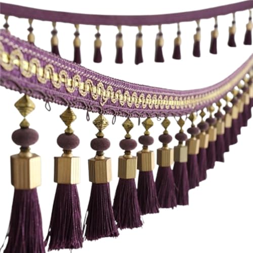Quasten, Quasten für Basteln, Gold/Dunkelviolett/Saphir Perlenquaste, glatte Spitzenfransen, 1 Meter, Polyesterquaste for Vorhangdekoration(Dark Purple) von CNDBAHHE