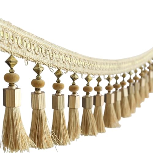 Quasten, Quasten für Basteln, Gold/Dunkelviolett/Saphir Perlenquaste, glatte Spitzenfransen, 1 Meter, Polyesterquaste for Vorhangdekoration(Gold) von CNDBAHHE