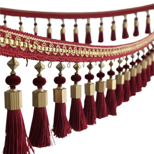 Quasten, Quasten für Basteln, Gold/Dunkelviolett/Saphir Perlenquaste, glatte Spitzenfransen, 1 Meter, Polyesterquaste for Vorhangdekoration(Purplish Red) von CNDBAHHE