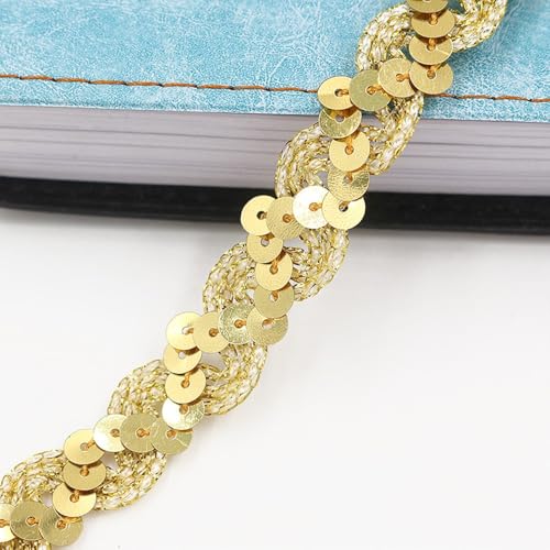 CNFQ Elastisches glänzendes Paillettenband Glitzer Applikation 15MM Bekleidungszubehör S-förmig Paillette Trim Gewelltes Elastische Pailletten für Bühnenkostüme (Golden, 25M) von CNFQ