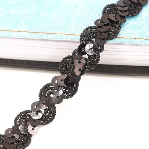 CNFQ Elastisches glänzendes Paillettenband Glitzer Applikation 15MM Bekleidungszubehör S-förmig Paillette Trim Gewelltes Elastische Pailletten für Bühnenkostüme (Schwarz, 25M) von CNFQ