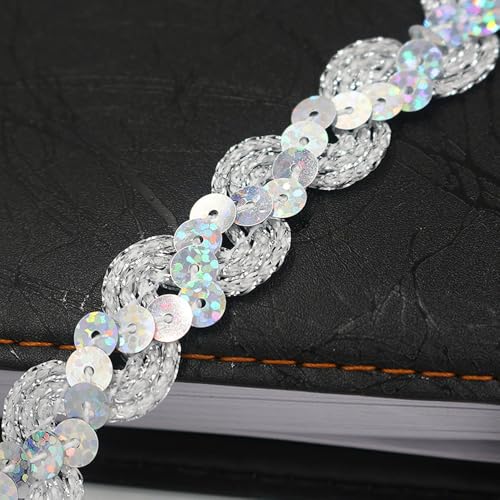 CNFQ Glänzendes Paillettenband Glitzer Applikation 15MM Bekleidungszubehör S-förmig Paillette Trim Gewelltes Pailletten für Bühnenkostüme (Glänzendes Silber, 25M) von CNFQ