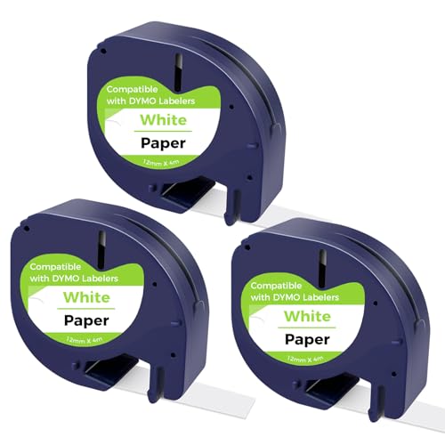 CNMTCCO Etikettenband für DYMO Letratag, 3er Pack Etikettenband kompatible mit DYMO Etikettenband 12mm x 4m, White Schriftband Funktioniert für Dymo Letratag LT-100T 200B, LT-100H XR Schwarz auf Weiß von CNMTCCO
