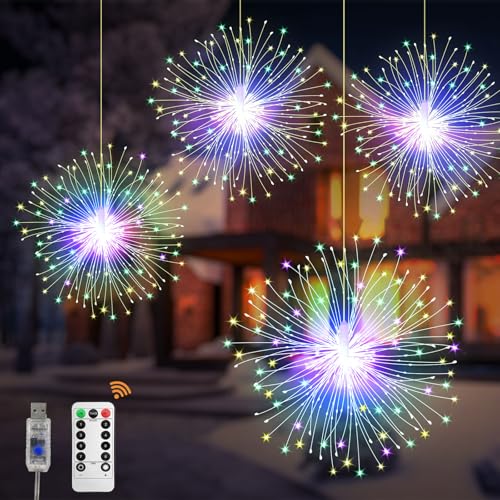 CNMTCCO Feuerwerk Lichterkette, 4 x120LED führte 8 Modi, Hanging USB Feuerwerk LichterGlobe Lichter,Wasserdicht Kupferdraht Lichter,Geeignet für Haus Weihnachten Außen Party Hochzeit (Farbe) von CNMTCCO