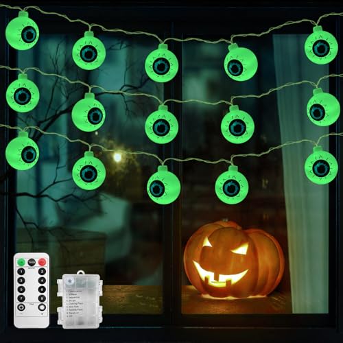CNMTCCO Halloween Fairy Lights, Halloween Lichter Augapfel Grün 8 Modi mit Fernbedienung, Dekorative Lichterketten 5M 30 LED Dekorative Lichter für Außen Innen Haunted House und Pa von CNMTCCO
