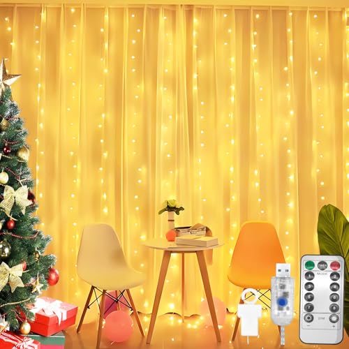 CNMTCCO Lichtervorhänge, 3x3m 300 LEDs lichterketten Vorhang Innen mit 8 Modi＆Timer, USB lichterkette hängend Lichtervorhang für Weihnachten Hochzeit Party Schlafzimmer Wand Deko (Warmweiß) von CNMTCCO