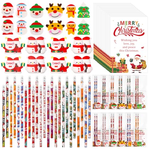 72 Stück/12 Set Weihnachten Schreibwaren Party Favors Bulk für Schüler Kinder Weihnachten Klasse Geschenke Bleistifte Radiergummis Spitzer Karten Taschen für Schulspiele Preise Belohnung Goodie Bag von CNSJ