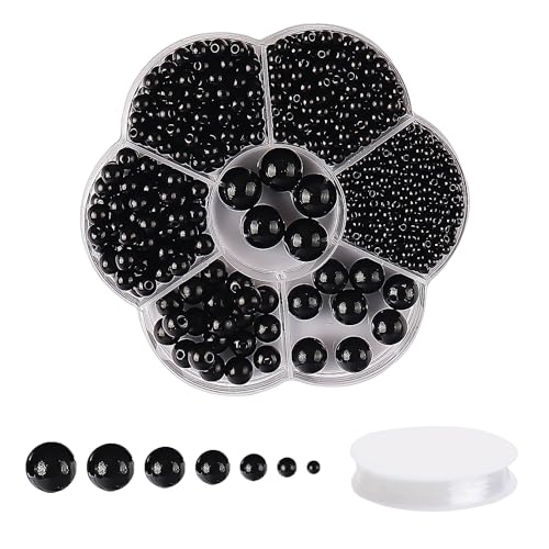 1153 Stück schwarze Kunstperlen mit Löchern, mit 1 Rolle elastischem Perlendraht, Schmuckherstellungsset, geeignet für DIY-Armbänder, Halsketten, Ohrringe, Anhänger (3/4/5/6/8/10/12 mm) von COACOM