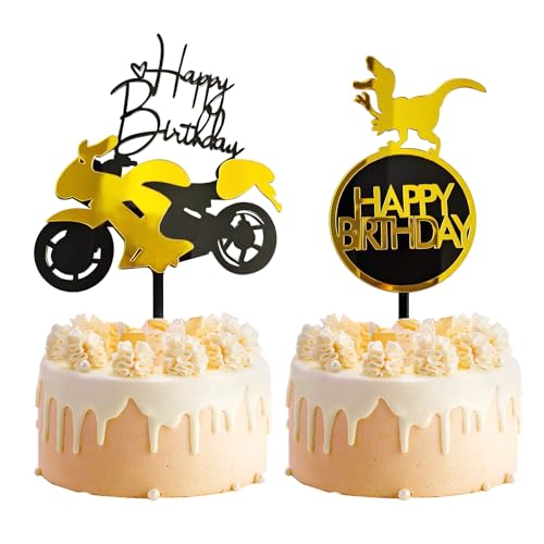 2 Stück Geburtstagskuchen-Dekorationstafeln, Motorrad und Dinosaurier, Acryl-Kuchenaufsatz, passendes Geschenk für Männer (Schwarz und Gold) von COACOM