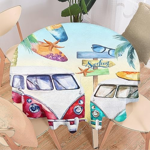 COALHO Aquarell Sommer Wohnkultur Runde Polyester Tischdecke Strand Abstrakt Tropische Strand Camper Thema Surfbrett für Bankett Tisch Geburtstag Party Buffet Hochzeit 92 x 92 cm von COALHO