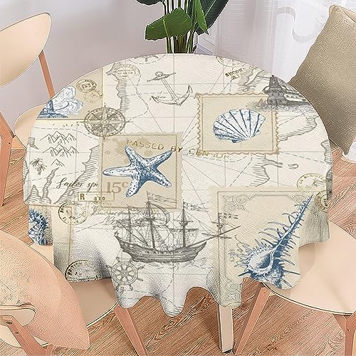 COALHO Nautische Küstendekoration Runde Polyester-Tischdecke Vintage Segelboot Seepferdchen Seestern Leuchtturm Anker Druck für Bankett Tisch Geburtstag Party Buffet Hochzeit - 178 x 178 cm COALHO Nautische Küstendekoration Runde Polyester-Tischdecke Vintage Segelboot Seepferdchen Seestern Leuchtturm Anker Druck für Bankett Tisch Geburtstag Party Buffet Hochzeit - 178 x 178 cm von COALHO