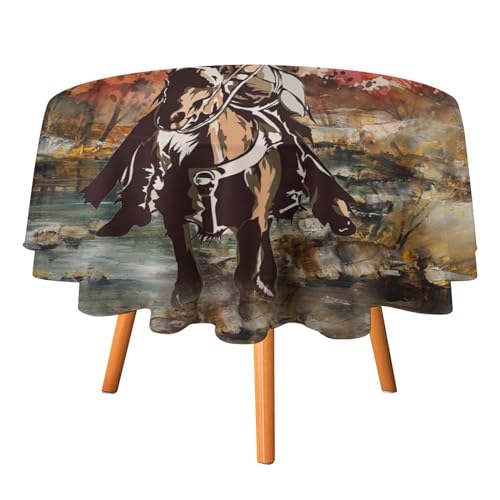 COALHO Runde Tischdecke im Vintage-Stil, Aquarell, Western-Cowboy, für Küche, abstraktes Ölgemälde, Wald, Sonnenuntergang, Naturlandschaft, runde Tischdecke, wasserdicht, Tischdecke für Picknick, von COALHO