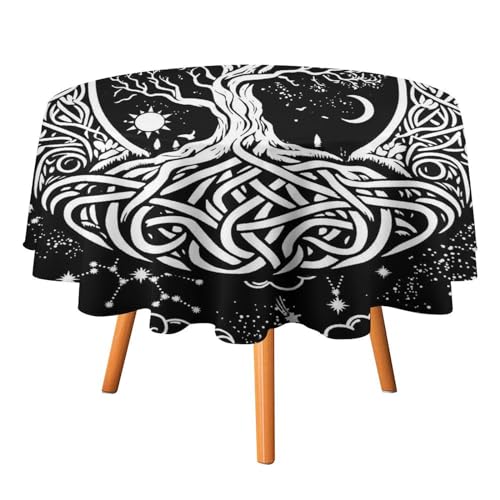 COALHO Rustikale runde Tischdecke aus Polyester, Motiv: Baum des Lebens, Vintage, antikes Galaxie-Konstellation, Sonne, Mond, Symbol, runde Tischdecke für Küche, Abendessen, 70 COALHO Rustikale runde Tischdecke aus Polyester, Motiv: Baum des Lebens, Vintage, antikes Galaxie-Konstellation, Sonne, Mond, Symbol, runde Tischdecke für Küche, Abendessen, 70 von COALHO