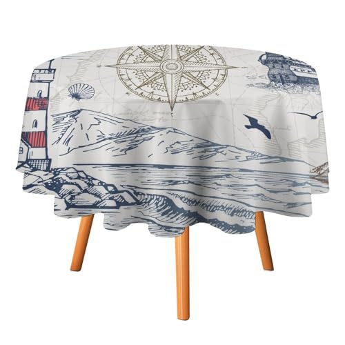 COALHO Rustikale runde Tischdecke aus Polyester, Motiv: Leuchtturm, Ruder, abstrakte Ozeanmuschel, Kompass, Piratenschiff, runde Tischdecke für Küche, Abendessen, 36 COALHO Rustikale runde Tischdecke aus Polyester, Motiv: Leuchtturm, Ruder, abstrakte Ozeanmuschel, Kompass, Piratenschiff, runde Tischdecke für Küche, Abendessen, 36 von COALHO