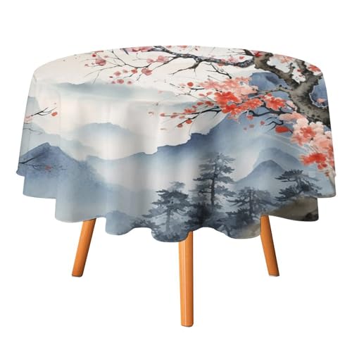 COALHO Schöne runde Tischdecke mit japanischen Frühlingsvogelblumen, Polyester, runde Tischdecke, Aquarell, Naturlandschaft, Japan, rote Sonne, Kirschblüten, runde Tischdecke für Küche, Abendessen - von COALHO