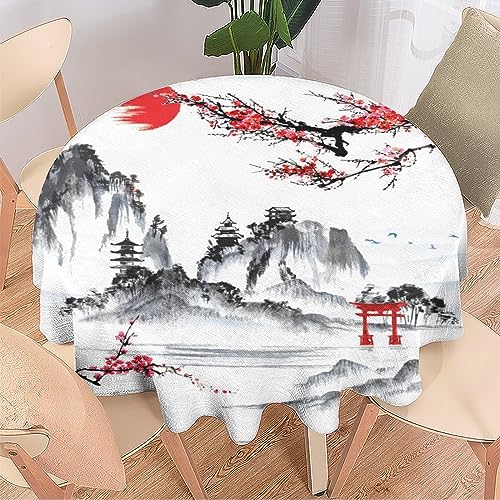 COALHO Vintage Aquarell Japanische Wohnkultur Runde Polyester Tischdecke Stil Abstrakte Tinte Japan Landschaft Torii Tor für Bankett Tisch Geburtstag Party Buffet Hochzeit - 92 x 92 cm von COALHO