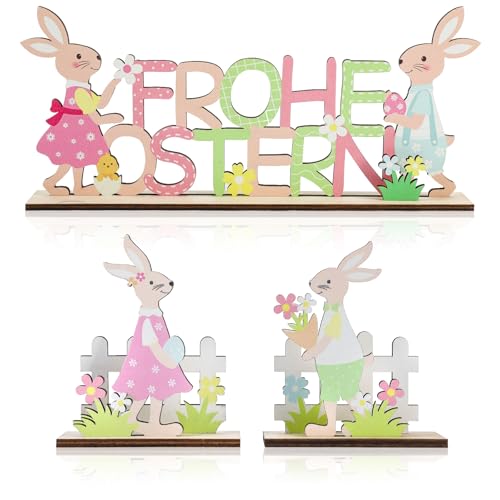 COCHIE 3 Stück Osterhase Deko aus Holz,Osterdeko Hase,Deko Aufsteller für Ostern,Frohe Osterhase Holz Deko Aufsteller mit Schriftzug Ostern für Osterdeko Frühling Garten von COCHIE