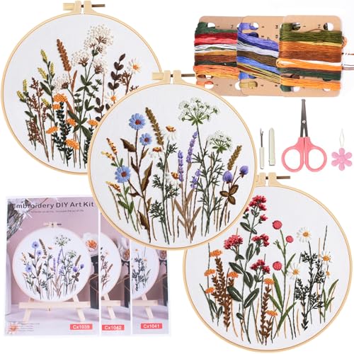 COCOMOX 3 Sets Stick-Übungssets, Blumenmuster-Stickset für Anfänger und Erwachsene, Handstickerei-Set für Kinder, Nadelarbeiten, leicht verständliche Anleitung und Video von COCOMOX