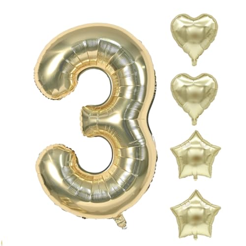 Zahlen Luftballon Champagner Gold, Hell Gold Folienballon, 40 Zoll Zahlenballon 0-9 Helium Ballon, 18 Zoll Pentagramm Liebe Luftballon, Geburtstag für Mädchen Junge (3) von COCPZ&ZL
