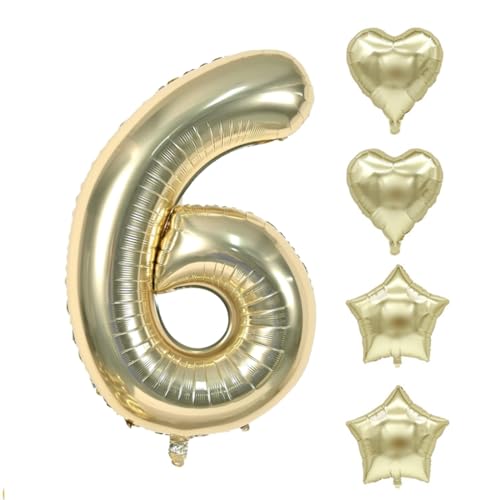 Zahlen Luftballon Champagner Gold, Hell Gold Folienballon, 40 Zoll Zahlenballon 0-9 Helium Ballon, 18 Zoll Pentagramm Liebe Luftballon, Geburtstag für Mädchen Junge (6) von COCPZ&ZL