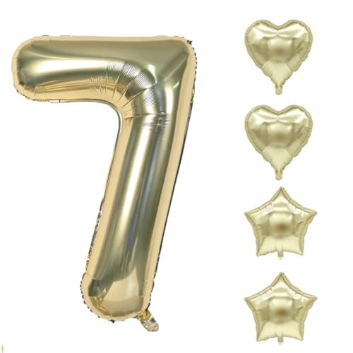 Zahlen Luftballon Champagner Gold, Hell Gold Folienballon, 40 Zoll Zahlenballon 0-9 Helium Ballon, 18 Zoll Pentagramm Liebe Luftballon, Geburtstag für Mädchen Junge (7) von COCPZ&ZL