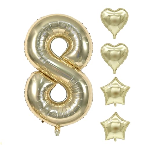Zahlen Luftballon Champagner Gold, Hell Gold Folienballon, 40 Zoll Zahlenballon 0-9 Helium Ballon, 18 Zoll Pentagramm Liebe Luftballon, Geburtstag für Mädchen Junge (8) von COCPZ&ZL